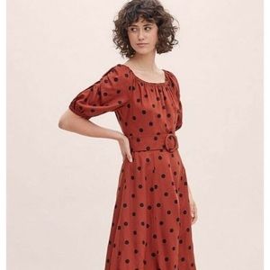 Anthropologie Maeve Lucienne Off-the-Shoulder Belted Polka Dot Maxi Dress